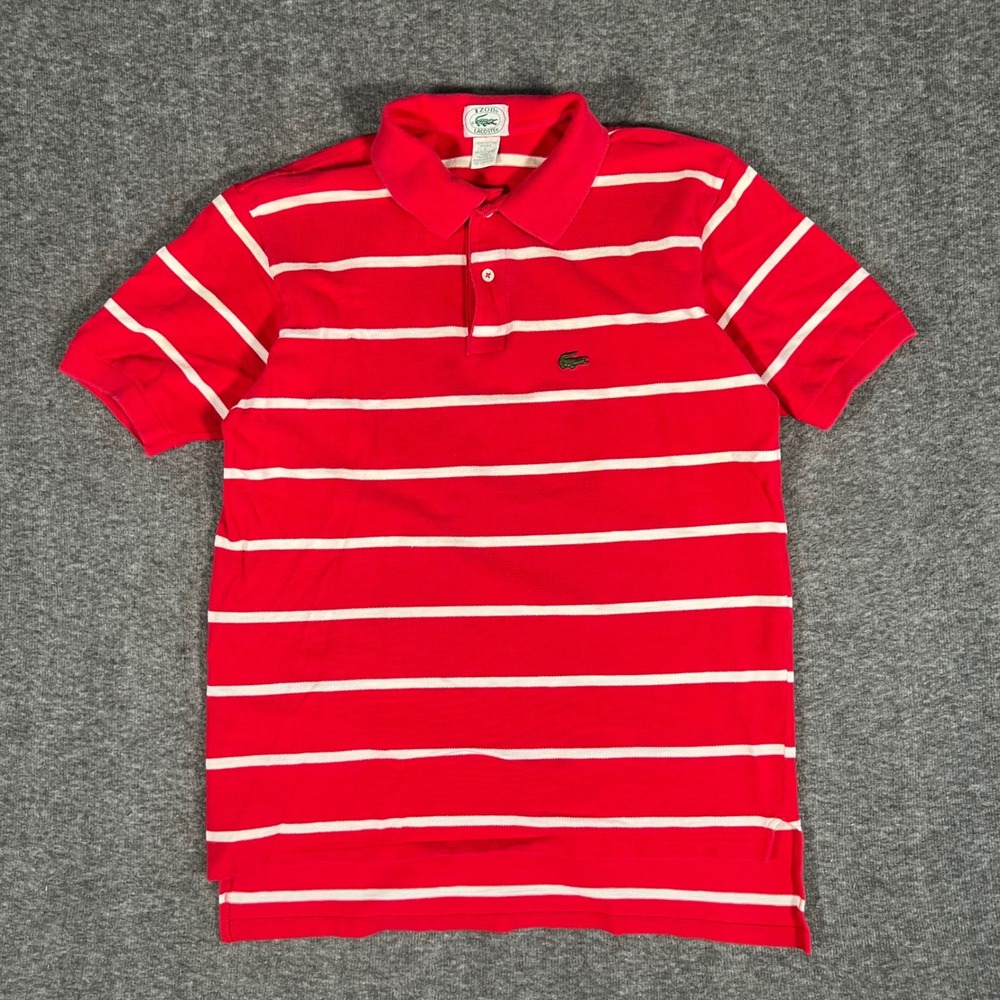 Vintage Izod Lacoste Mens Red White Striped Polo Shirt Large Short Sleeve Cotton